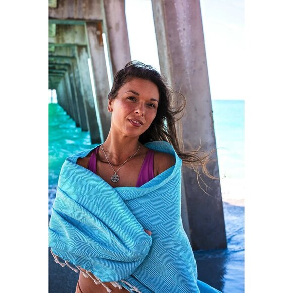 Turkish Cotton Blue & White Diamond 72 *50 Pattern Beach Towel With Tassels Vers - Picture 7 of 9